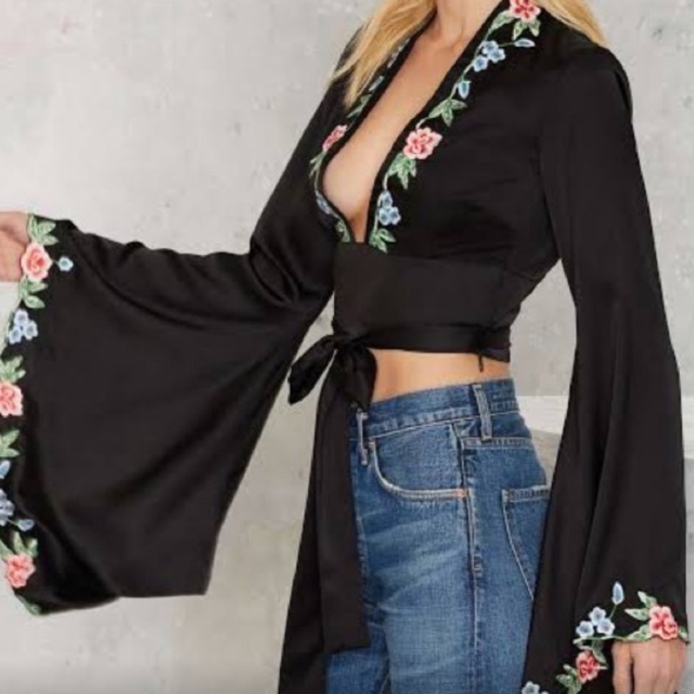 Nasty Gal Black Embroidered Floral Tie-Front Wrap Top - Picture 3 of 9